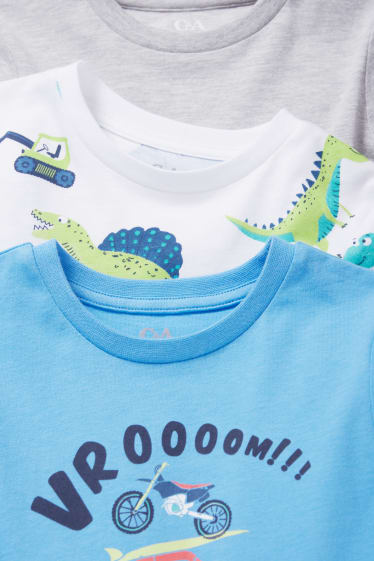 Niños - Pack de 3 - dinosaurios y coches - camisetas de manga corta - azul claro