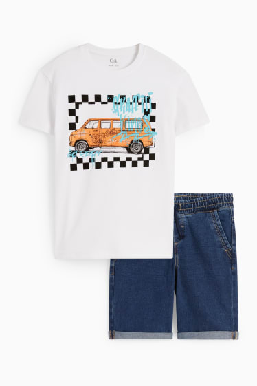 Children - Car - set - short sleeve T-shirt and denim shorts - 2 piece - white