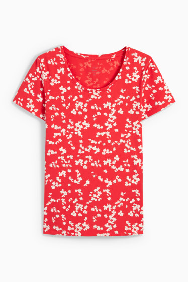 Dámské - Tričko - s květinovým vzorem - červená