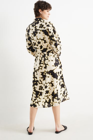 Dámské - Lněné halenkové šaty - s květinovým vzorem - černá/béžová