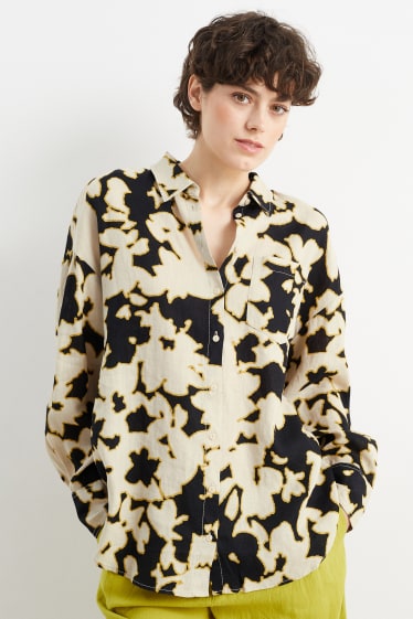 Women - Linen blouse - patterned - black / beige