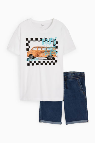 Dzieci - Autobus - komplet - koszulka z krótkim rękawem i szorty dżinsowe - 2 części - biały