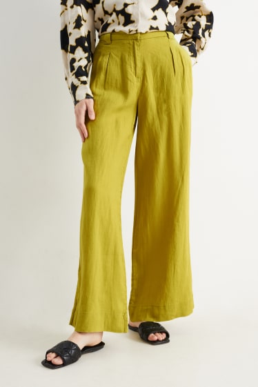 Dámské - Lněné kalhoty - high waist - wide leg - žlutá