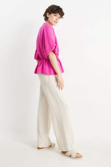 Women - Linen trousers - high-rise waist - wide leg - light beige