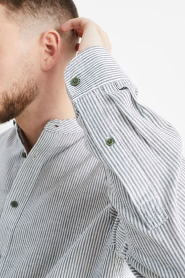 Men - Shirt - regular fit - band collar - linen blend - striped - green