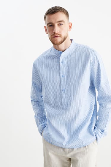 Men - Shirt - regular fit - band collar - linen blend - striped - blue