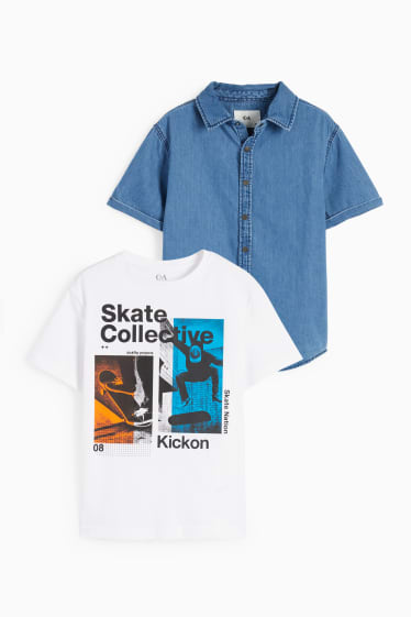 Niños - Skater - conjunto - camiseta y camisa vaquera - 2 piezas - vaqueros - azul
