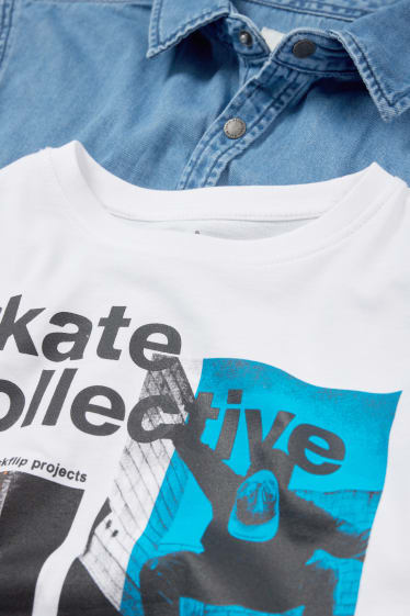 Enfants - Skateur - ensemble - T-shirt et chemise en jean - 2 pièces - jean bleu