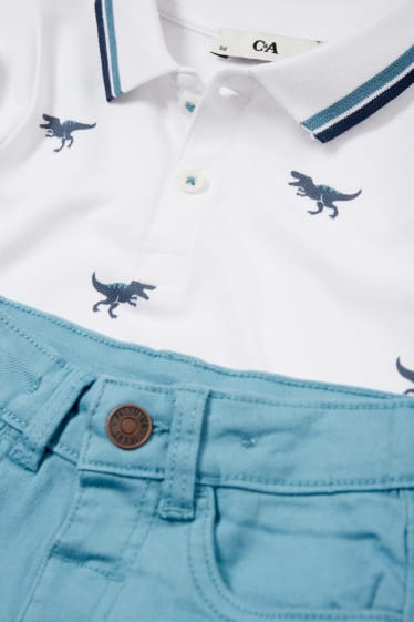 Bambini - Dinosauri - set - polo e shorts di jeans - 2 pezzi - bianco