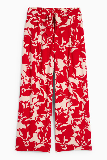 Donna - Pantaloni di stoffa - vita alta - gamba ampia - a fiori - rosso