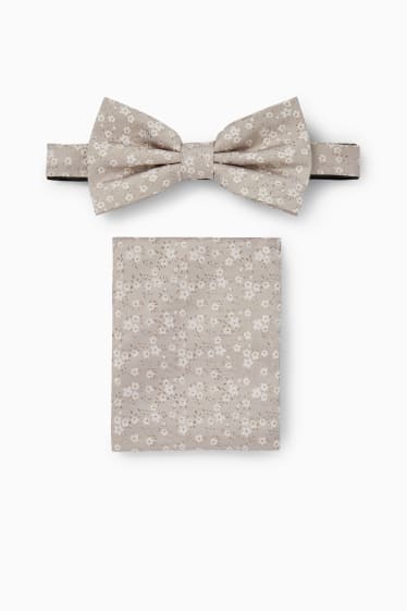 Men - Set - silk bow tie and pocket square - 2 piece - light beige