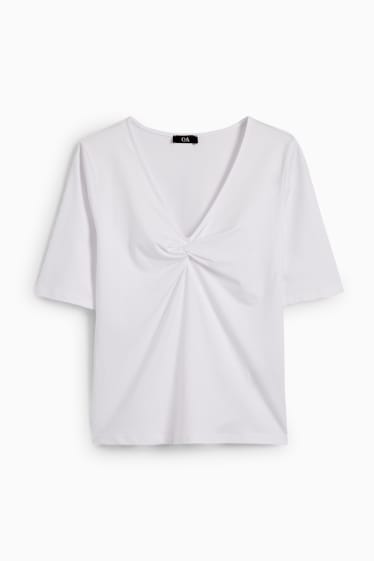 Damen - Basic-T-Shirt mit Knotendetail - weiß