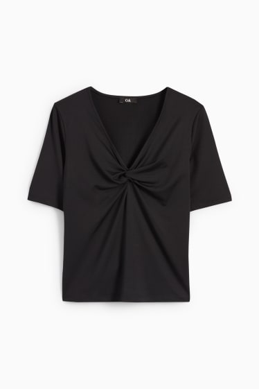 Dames - Basic T-shirt met geknoopt detail in de stof - zwart