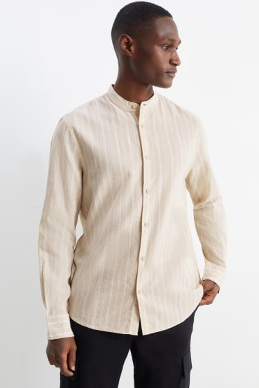 Men - Shirt - regular fit - band collar - linen blend - striped - beige