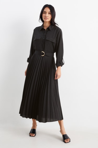 Femmes - Robe-chemisier avec ceinture - plissé - noir