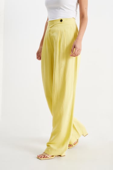 Dámské - Plátěné kalhoty - high waist - wide leg - žlutá