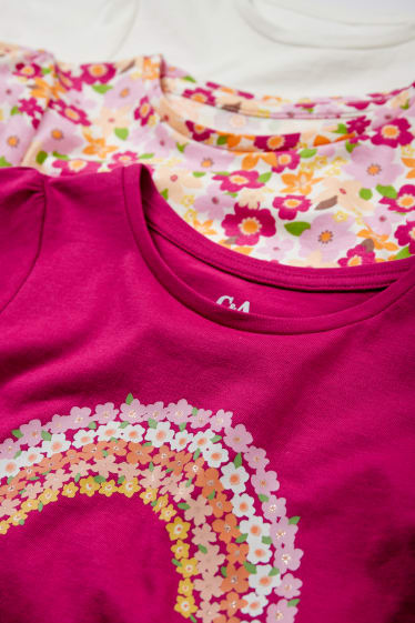 Kinderen - Set van 3 - bloem - T-shirt - fuchsiarood / fuchsiarood