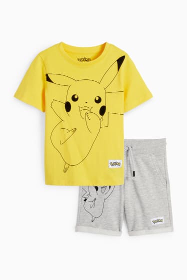 Dzieci - Pokemony - komplet - koszulka z krótkim rękawem i szorty dresowe - 2 części - jasnoszary-melanż