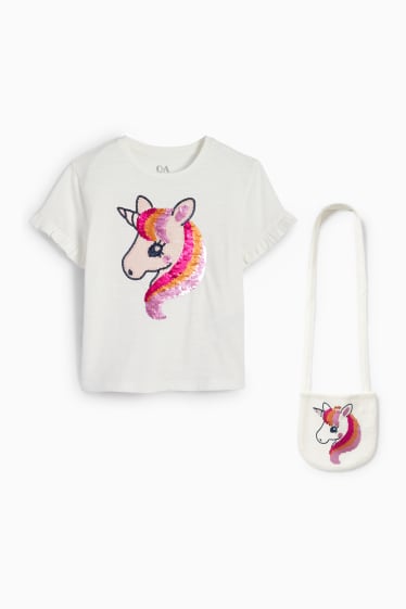 Dětské - Motiv jednorožce - souprava - tričko s krátkým rukávem a taška - 2dílná - krémově bílá
