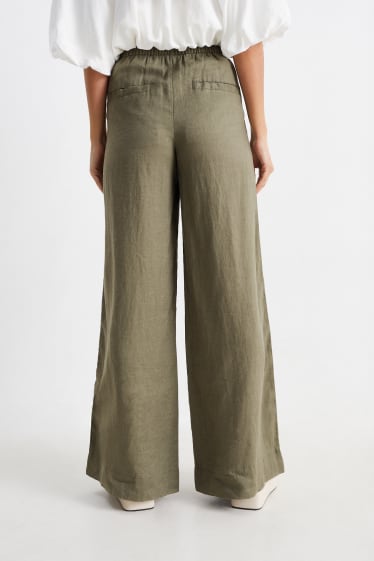 Donna - Pantaloni di lino - vita alta - gamba ampia - verde scuro