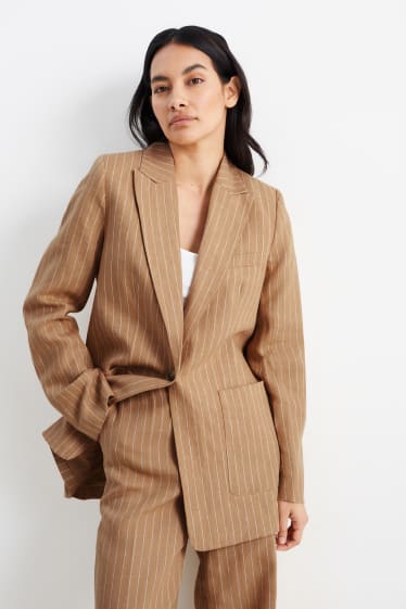 Dames - Lange blazer van linnen - regular fit - krijtstrepen - beige