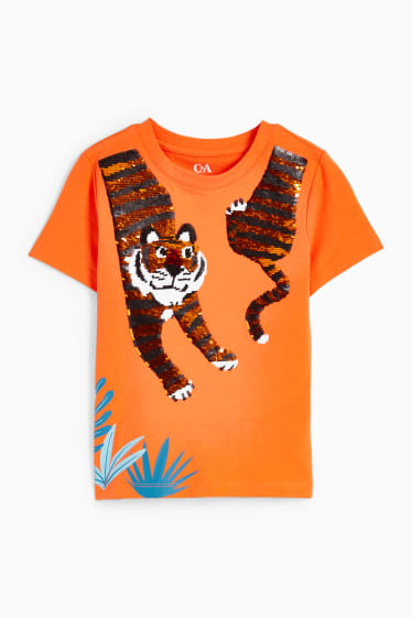 Dětské - Motivy tygra - tričko s krátkým rukávem - s lesklou aplikací - oranžová