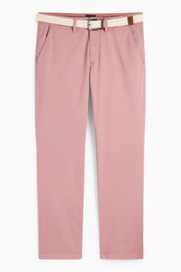 Pánské - Kalhoty chino s páskem - regular fit - tmavě růžová