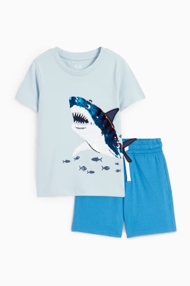 Children - Shark - set - short sleeve T-shirt and sweat shorts - 2 piece - light blue