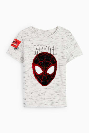 Dětské - Spider-Man - tričko s krátkým rukávem - s lesklou aplikací - světle šedá-žíhaná