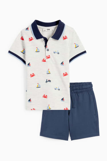 Kinder - Sommerferien - Set - Poloshirt und Sweatshorts - 2 teilig - blau / grau