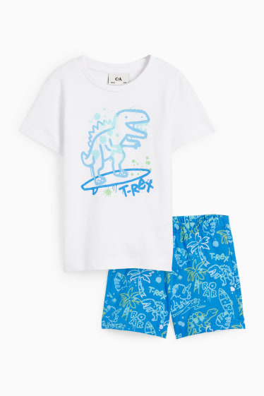 Kinder - Dino - Shorty-Pyjama - 2 teilig - weiss / blau