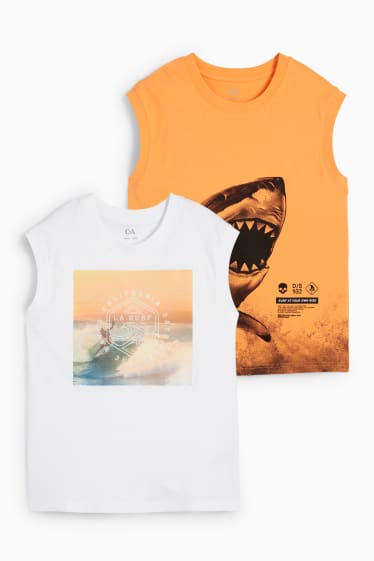 Kinderen - Set van 2 - surfer en haai - top - wit / oranje