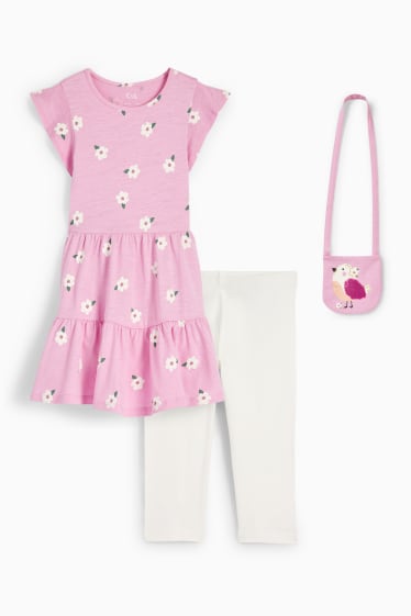 Dzieci - Wiosna - komplet - sukienka, legginsy capri i torebka - 3 części - jasnoróżowy