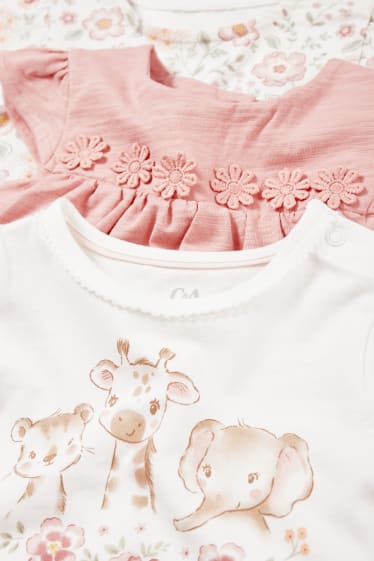 Babys - Set van 3 - bloemetjes en wilde dieren - baby-T-shirt - crème wit