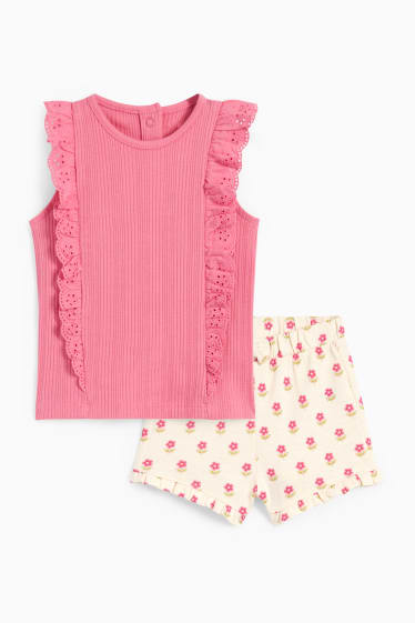 Baby: meisjes - Bloemetjes - baby-outfit - 2-delig - donker rose