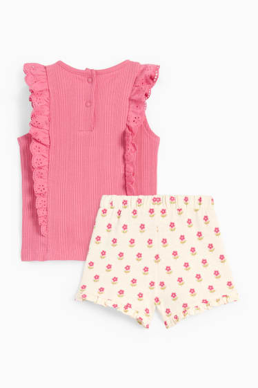 Baby: meisjes - Bloemetjes - baby-outfit - 2-delig - donker rose