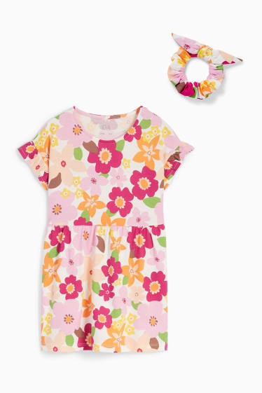 Kinderen - Set - bloemen - jurk en scrunchie - 2-delig - roze