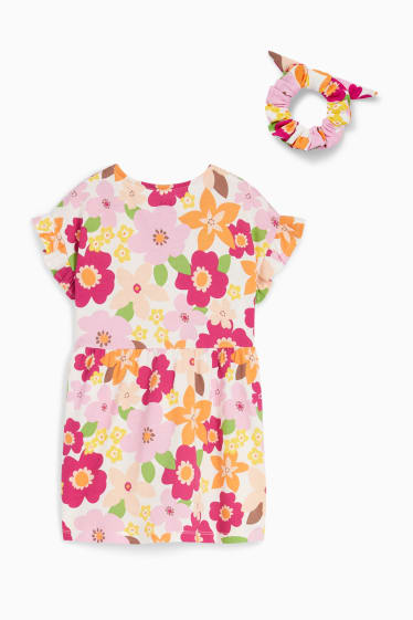 Kinderen - Set - bloemen - jurk en scrunchie - 2-delig - roze