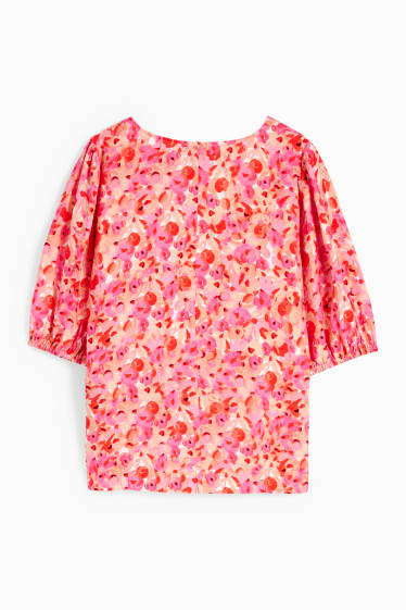 Femei - Bluză cu nod - cu flori - roz