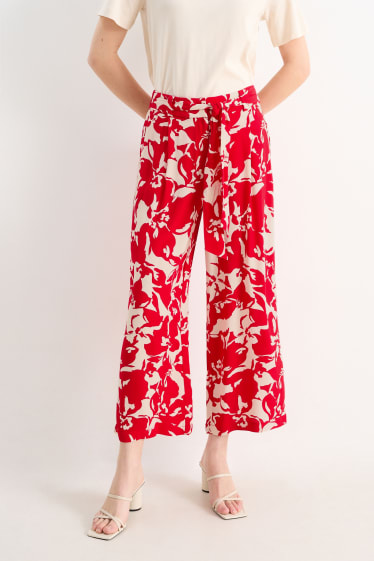 Dámské - Plátěné kalhoty - high waist - wide leg - s květinovým vzorem - červená