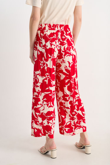 Femmes - Pantalon en toile - high waist - wide leg - à fleurs - rouge