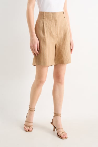 Donna - Shorts di lino - vita alta - a righe - beige