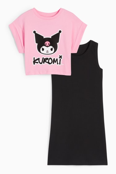 Dzieci - Kuromi - komplet - koszulka z krótkim rękawem i sukienka - czarny / jasnoróżowy