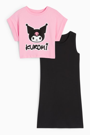 Children Girls - Kuromi - set - short sleeve T-shirt and dress - black / rose