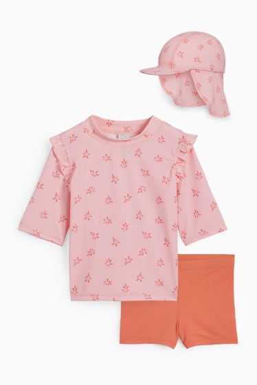Miminka - Plážový outfit pro miminka s UV ochranou - LYCRA® XTRA LIFE™ - 3dílný - s květinovým vzorem - růžová