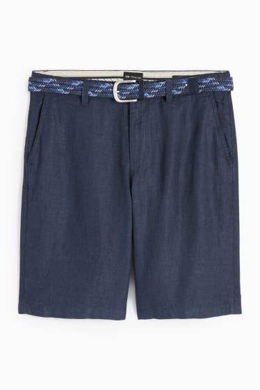 Men - Linen shorts with belt - striped - dark blue
