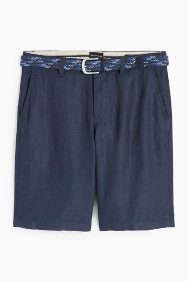 Hommes - Short en lin avec ceinture - bleu foncé