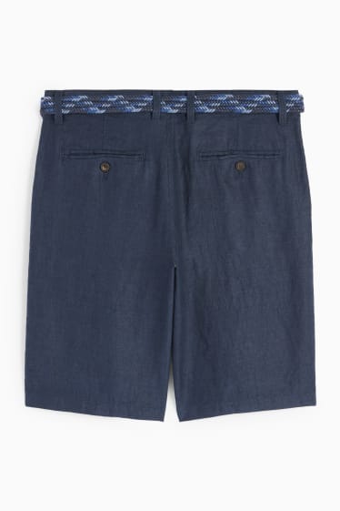 Uomo - Shorts in lino con cintura - blu scuro