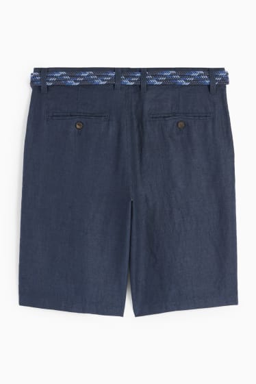 Men - Linen shorts with belt - striped - dark blue