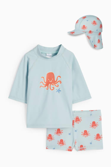 Miminka - Motiv krakatice - plážový outfit pro miminka s UV ochranou - LYCRA® XTRA LIFE™ - 3dílný - tyrkysová